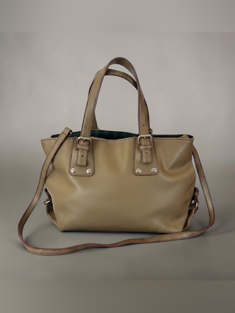 Tommy Hilfiger Olive Green Pebbled Leather Tote with Detachable Strap